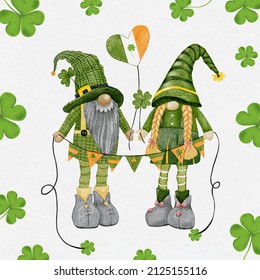 St Patrick Day leprechaun with four leaves clovers, Greeting card a Irish gnomes holding flags with shamrock a luck symbols.Vector Watercolour green Scandinavian Dwarfs collection in Celtic