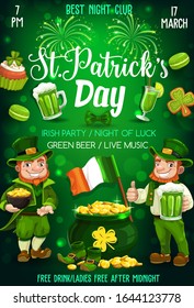 St Patrick Day leprechauns with green beer, Irish party vector invitation design. Shamrock, pot of gold and celtic elves, Ireland flag, golden coins and clover leaves, cakes and festive fireworks