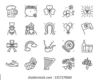 St. Patrick day line icon set. Included icons as shamrock, clover leaf,  celebration, holiday, party and more.