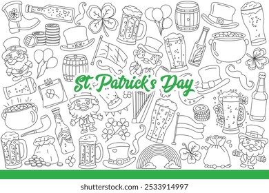 Logo del día de San Patricio entre Elementos festivos para una divertida fiesta en estilo irlandés. Personaje de San Patricio cerca de tazas y botellas llenas de cerveza y hojas de trébol que simbolizan el día de celebración. Dibujado a mano.