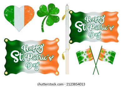 St. Patrick Day love, clover, Flag, poster illustration vector with texture effect.
