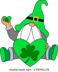 St patrick day with lucky gnome, heart and leaf