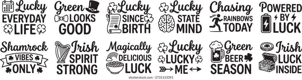 St Patrick Day Lucky Green Quote Typography Set with Shamrock Irish Luck Beer and Rainbow Icons for Festive Designs
