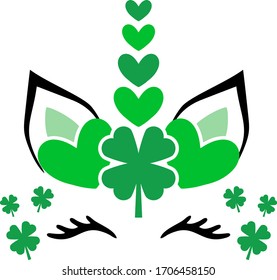 St. Patrick Day, Glücksblatt, grünes Herz, Wimpern, Unicorn