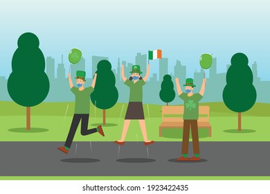 St patrick day in new normal vector concept: Group of people celebrating st patrick's day together in the park while wearing face mask in new normal