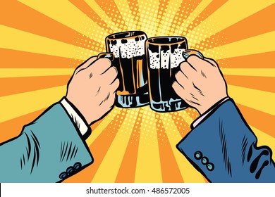 St. Patrick Day or Oktoberfest toasting hands beer party poster. People clinking beer glasses. Pub, bar pop art retro vector