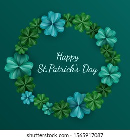 St. Patrick day Paper cut card template. Round wreath frame. Clover leaves. Elegant card design for sale with shamrocks. Typography circle Backdrop. Lucky trefoil confetti. Irish symbol of the holiday