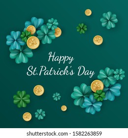 St. Patrick day Paper cut card template. Round frame with Clover leaves, gold coins. Elegant card design for sale with shamrocks. Typography circle Backdrop. Lucky trefoil holiday confetti.  