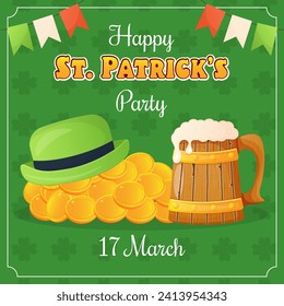 Tarjeta de fiesta de San Patricio con moneda de oro, sombrero verde y taza de cerveza