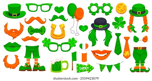 St Patrick day party photo booth or Irish holiday photobooth stickers, vector face masks. Saint Patrick day cartoon funny Irish symbols for photo booth face mask of leprechaun hat and beard with smile