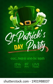 St Patrick day party poster, vector green shamrock clover leaf pattern background. Irish traditional green ale beer pint mug, leprechaun hat and gold coins, Saint Patrick wood stick and party cocktail