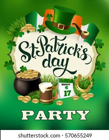 St. Patrick Day Party vintage holiday poster design. Vector illustration. 