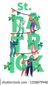 St Patrick Day People Character Celebrate Typography Banner. Happy Man in Green Costume Drink Beer have Fun at Irish Festival. Traditional Ireland Carnival Poster Flat Cartoon Vector Illustration