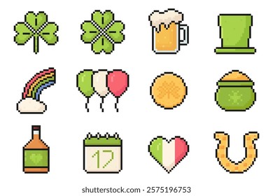 st patrick day pixel icon set, 90s, 80s, arcade game style, 17 march, clover, beer mug, hat, rainbow, balloon, coin, pot with gold, whiskey, calendar, heart, horse shoe, vector illustration