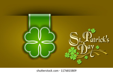 St. Patrick Day poster. A cloverleaf and greeting inscription in green colors. Vector illustration