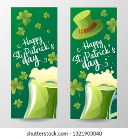 St. Patrick Day poster. Leprechaun's hat and clover design elements with wishing lettering on green. greeting poster, greeting card with magic shamrock leaves in green colors