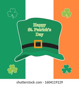 St. Patrick Day poster. Leprechaun`s hat and clover design elements with wishing lettering on flag ireland. Vector illustration