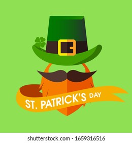 St. Patrick Day poster. Leprechaun`s hat, beard and clover design elements with wishing lettering. Vector illustration