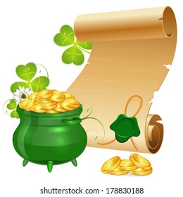 St. Patrick Day Poster with Manuscript, Pot, Gold Coins and Sealing Wax, vector isolated on white background