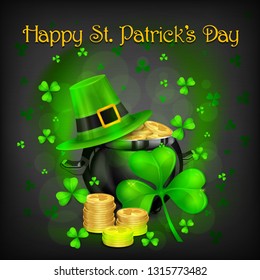 St. Patrick Day poster. Patrick`s day hat and clover design elements with wishing lettering and treasure. Dark. Vector illustration.