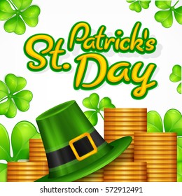 St. Patrick Day poster. Patrick`s day hat and clover design elements with wishing lettering and treasure. Vector banner illustration 