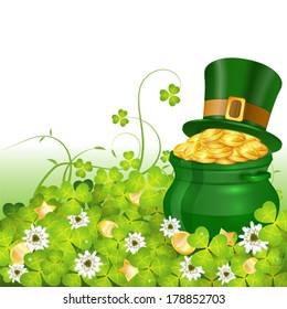 St. Patrick Day Poster with Pot, Gold Coins, Hat and Clover, vector