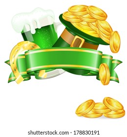 St. Patrick Day Poster with Ribbon, Hat, Gold Coins, Horseshoe and Glass of Beer, vector isolated on white background