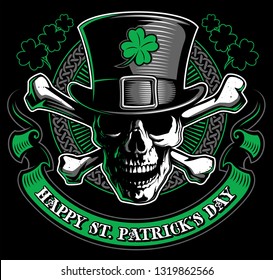 St. Patrick Day poster. Skull and crossbones with leprechaun`s hat and clover leaf design elements with wishing lettering on green. Vector illustration.