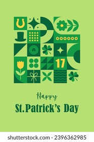 St. Patrick day poster. Vintage neo geometric design postcard with green primitive shapes elements. Retro festive background for irish holiday. Vector illustration in bauhaus minimalist style.