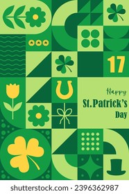 St. Patrick day poster. Vintage neo geometric design postcard with green primitive shapes elements. Retro festive background for irish holiday. Vector illustration in bauhaus minimalist style.