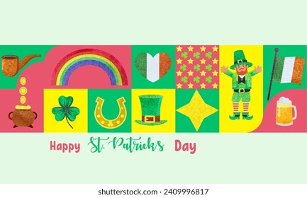 St. Patrick day poster. Watercolor elements banner. Vector illustration in bauhaus minimalist style.