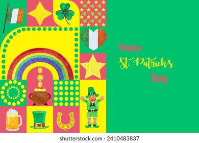 St. Patrick day poster. Watercolor elements banner. Vector illustration in bauhaus minimalist style.