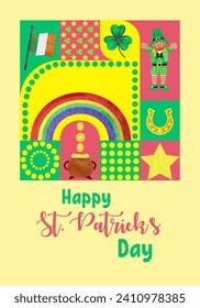 St. Patrick day poster. Watercolor elements banner. Vector illustration in bauhaus minimalist style.