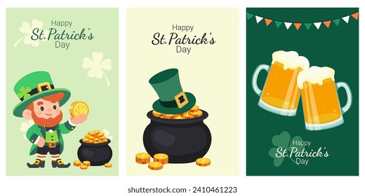 St. Patrick Day posters collection. A set of vector illustrations, posters, invitations, postcards. leprekon, coin, gold, pot, beer mug, triliary, leproson hat