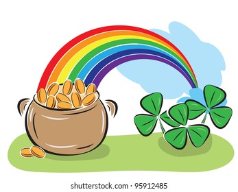 St. Patrick Day pot with coins, rainbow and shamrocks. Vector illustration.