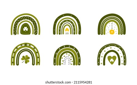 St. Patrick day rainbow in boho style. Bohemian clipart for irish holidays. Scandinavian design for postcard, sticker, clothes, wrapping paper, fabric. Cute vector illustration with shamrock.