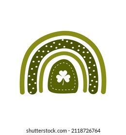 St. Patrick day rainbow in boho style. Bohemian illustration for irish holidays. Scandinavian design for postcard, sticker, clothes, wrapping paper, fabric. Cute vector illustration with shamrock.