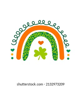 St. Patrick day rainbow with swirls and leopard print. Feeling lucky Saint Patricks day clipart with clover leaf decor.