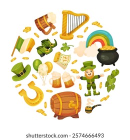 St. Patrick Day Round Composition Design with Symbol Vector Template