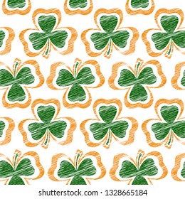 St Patrick day seamless background with shamrock, texture. Vector illustration.