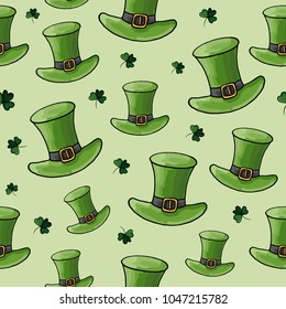 St. Patrick Day seamless pattern with three-leaf clover and hat.  Perfect for wallpapers, gift papers, patterns fills, textile, greeting cards. 