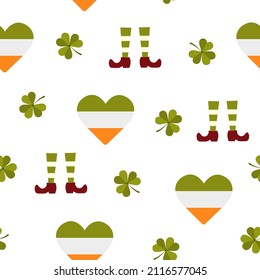 St. Patrick day seamless pattern with heart. Cute festive background for irish holiday. Vector illustration in flat cartoon style. Perfect for fabric, package paper, wallpaper, greeting cards.