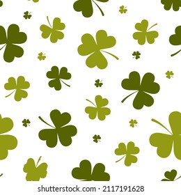 St. Patrick day seamless pattern with shamrock. Cute festive background for irish holiday. Vector illustration in flat cartoon style. Perfect for fabric, package paper, wallpaper, greeting cards.