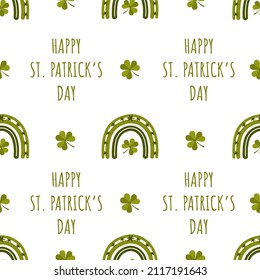 St. Patrick day seamless pattern with boho rainbow. Childish print for irish holidays. Scandinavian design for clothes, wrapping paper, fabric, wallpaper. Cute vector illustration with shamrock.