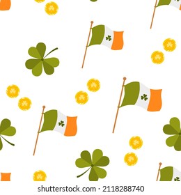 St. Patrick day seamless pattern with flag. Cute festive background for irish holiday. Vector illustration in flat cartoon style. Perfect for fabric, package paper, wallpaper, greeting cards.