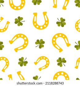 St. Patrick day seamless pattern with horseshoe. Cute festive background for irish holiday. Vector illustration in flat cartoon style. Perfect for fabric, package paper, wallpaper, greeting cards.