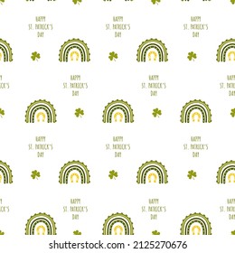 St. Patrick day seamless pattern with boho rainbow. Childish print for irish holidays. Scandinavian design for clothes, wrapping paper, fabric, wallpaper. Cute vector illustration with shamrock.