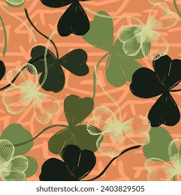 St Patrick Day. Seamless pattern with little four leaf clovers. Clover sign symbol pattern. Simple Repeatable design. Good luck symbol of Ireland