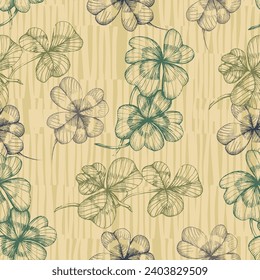 St Patrick Day. Seamless pattern with little four leaf clovers. Clover sign symbol pattern. Simple Repeatable design. Good luck symbol of Ireland