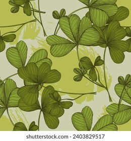 St Patrick Day. Seamless pattern with little four leaf clovers. Clover sign symbol pattern. Simple Repeatable design. Good luck symbol of Ireland